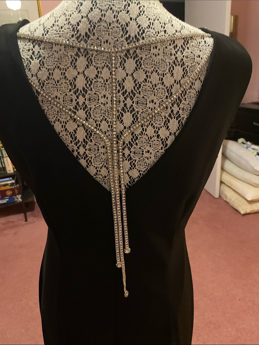 Joseph Ribkoff Black Dress with Silver Back Chain Accent